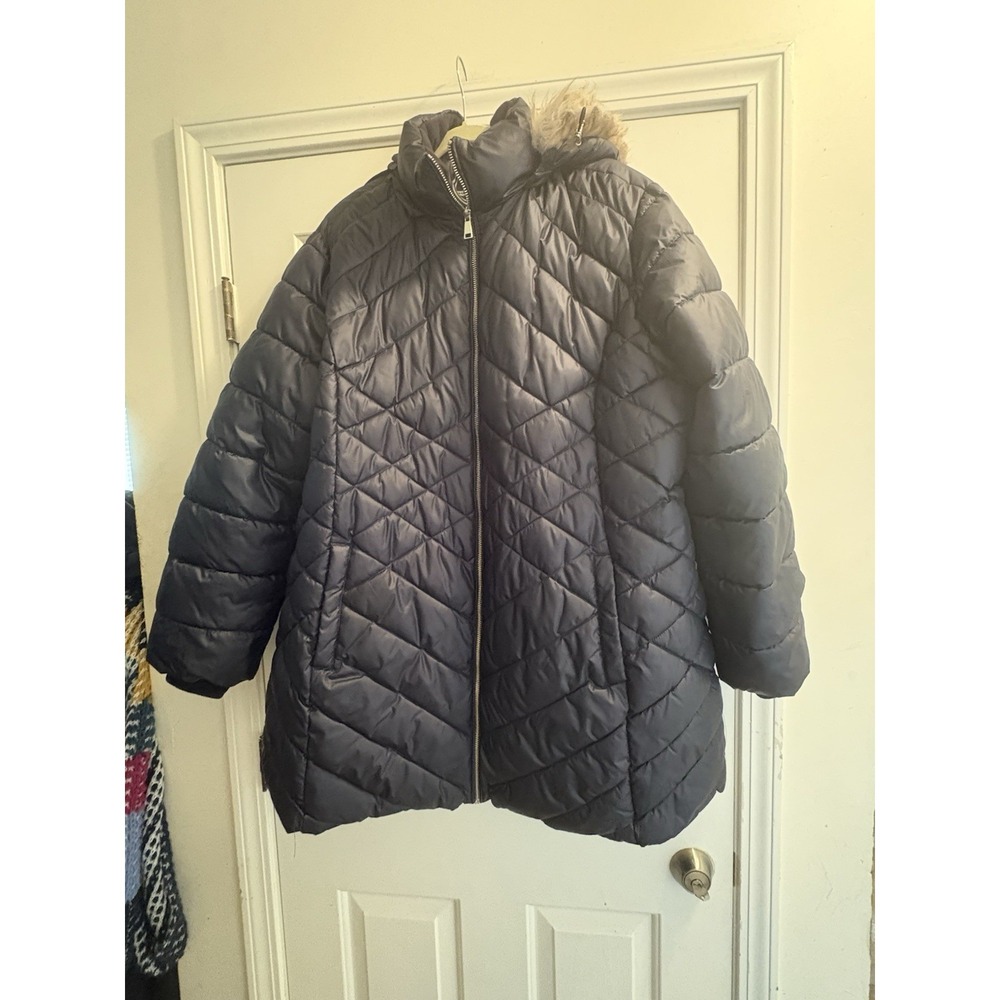 Halitech Women's Hooded Faux Fur Trim Quilted Puffer Coat Navy Blue 2XL - Picture 5 of 5